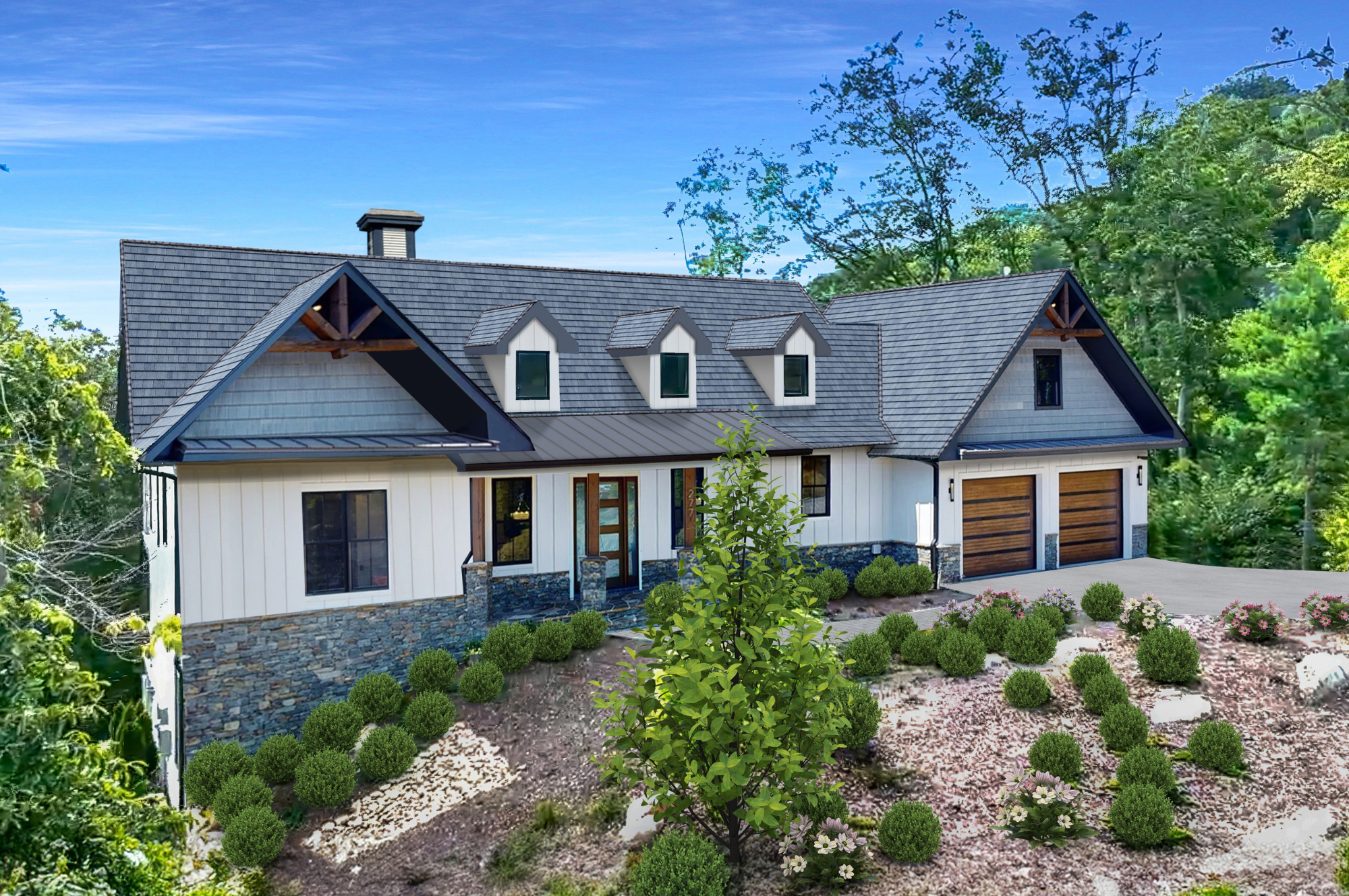 White board and batten custom home with stone accents and timber gables in Hendersonville NC