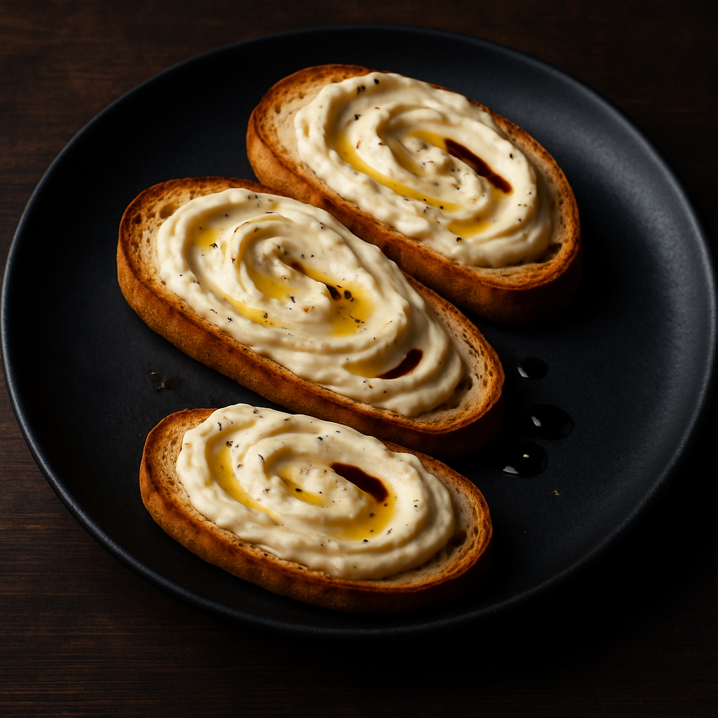 Rosemary white bean crostini with balsamic drizzle — toasted crostini with whipped white bean spread on a black plate, The Tea Tree