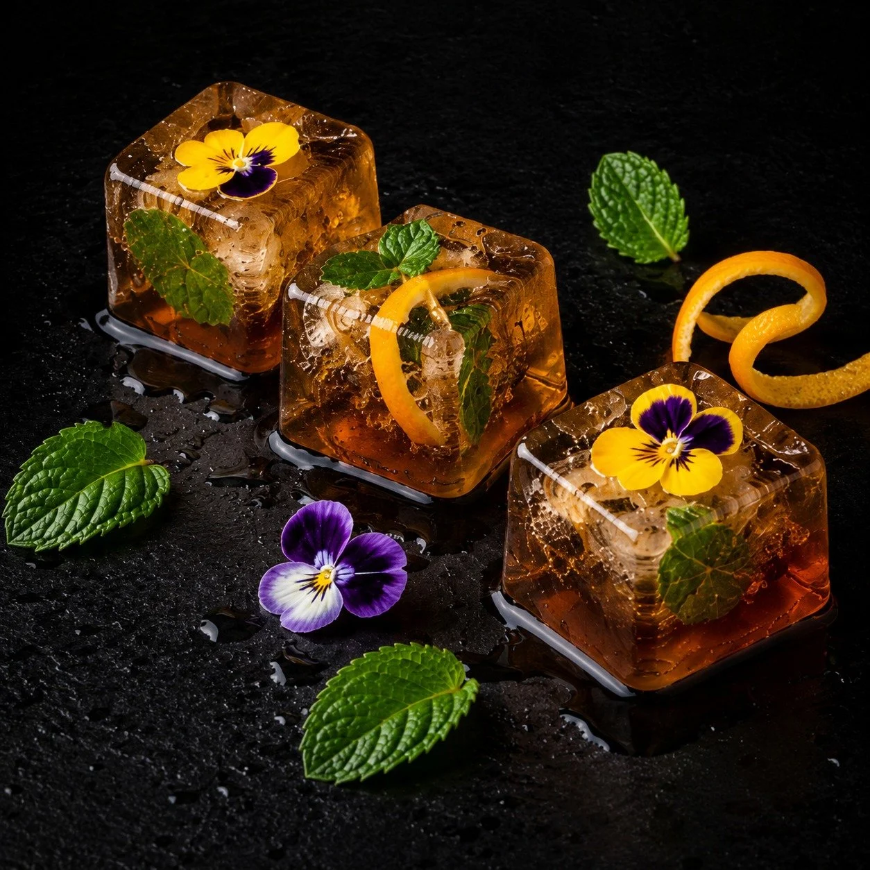Sunshine Tea Ice Cubes made with Apricot Sorbet Rooibos, mint, citrus, and edible flowers.