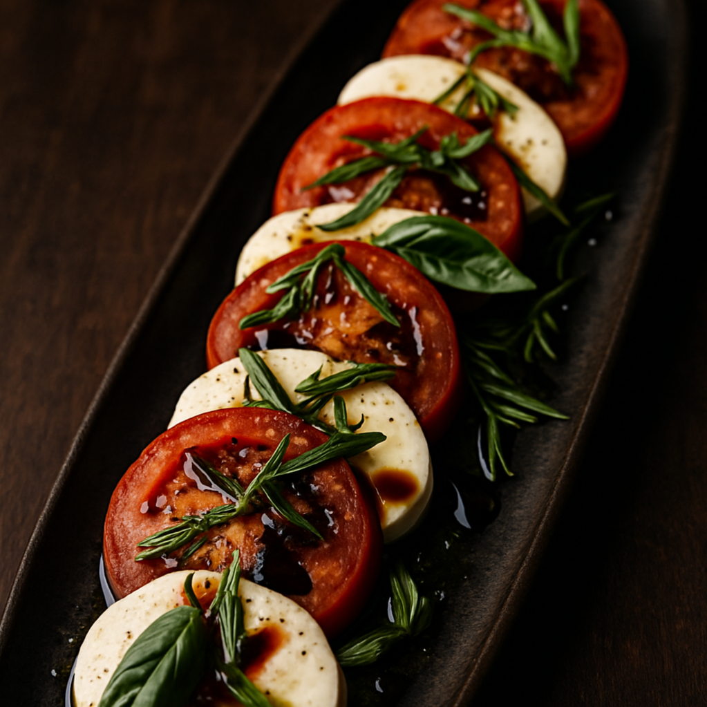 Pesto and tomato basil caprese salad — sliced tomatoes and fresh mozzarella with balsamic drizzle and rosemary, The Tea Tree
