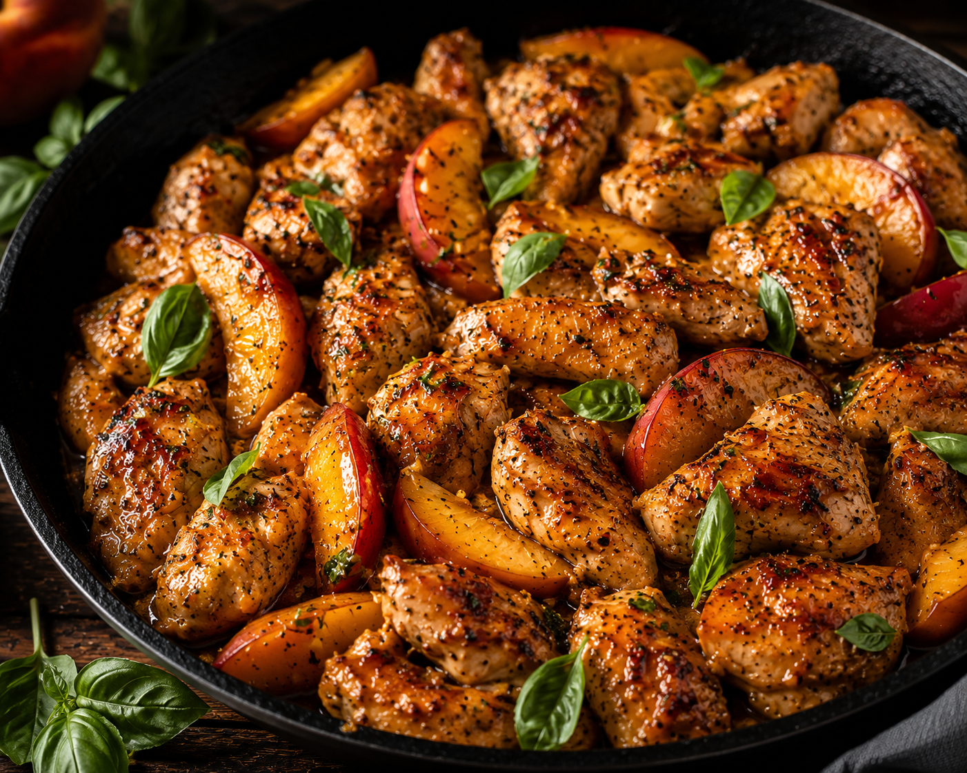Close-up of Butter & Peach Chicken Skillet with caramelized peaches, seasoned chicken, and fresh basil made with Butter Olive Oil and Peach Balsamic Vinegar from The Tea Tree.