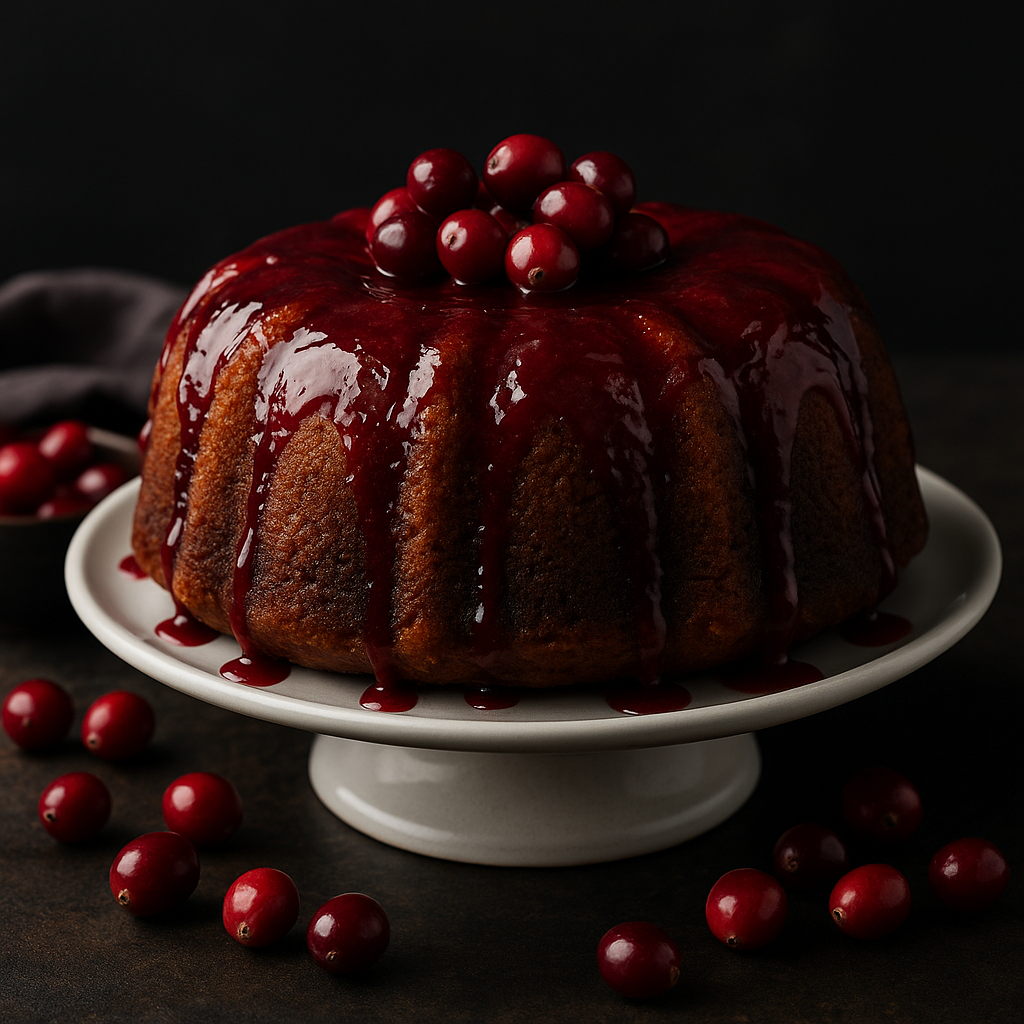 Cranberry pear olive oil cake — glazed bundt cake with cranberry topping on a white cake stand, The Tea Tree