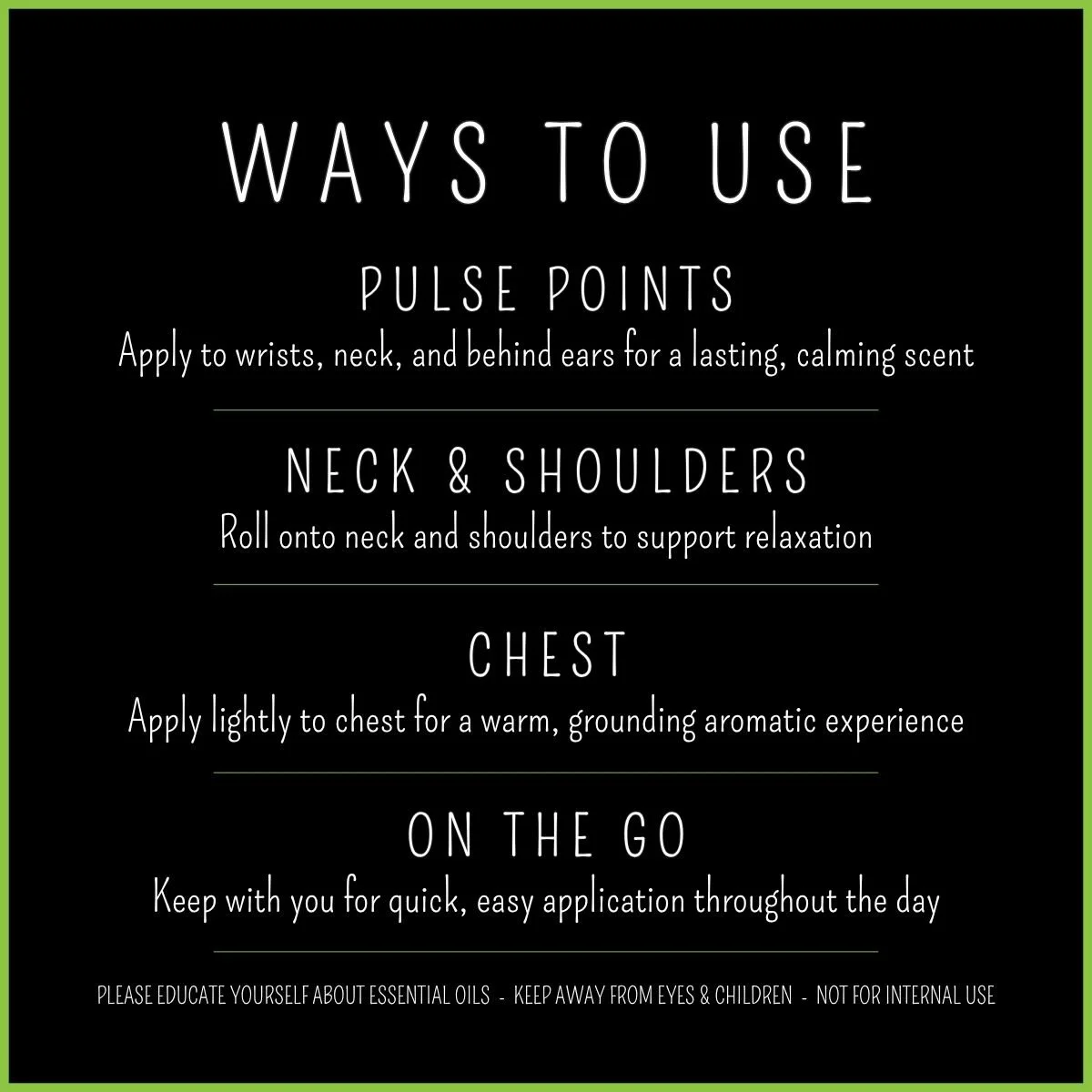 How to use Stress Relief essential oil rollerball on pulse points including wrists, neck, and behind ears for relaxation
