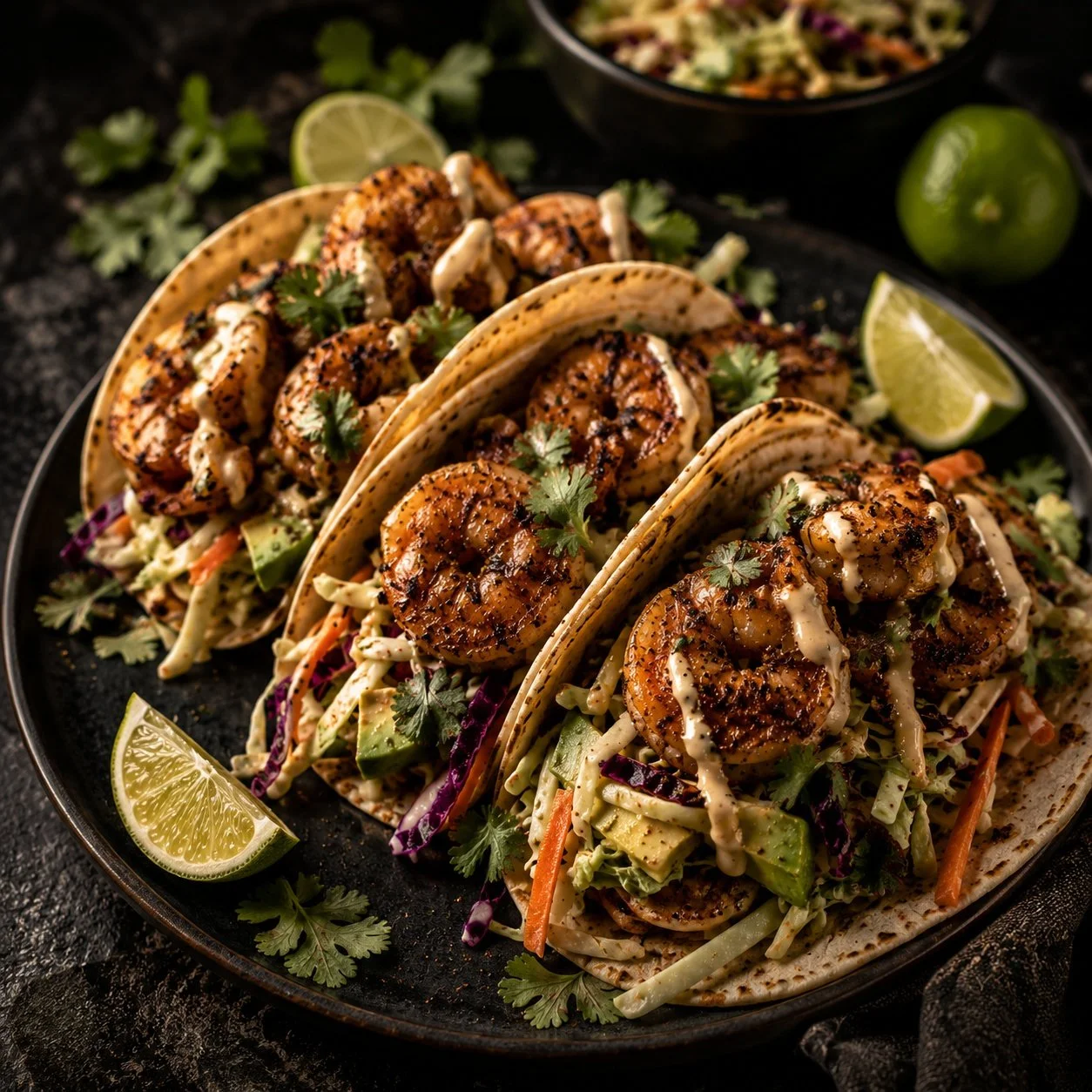 Smoky Honey-Lime Shrimp Tacos with slaw, avocado, cilantro and fresh lime.