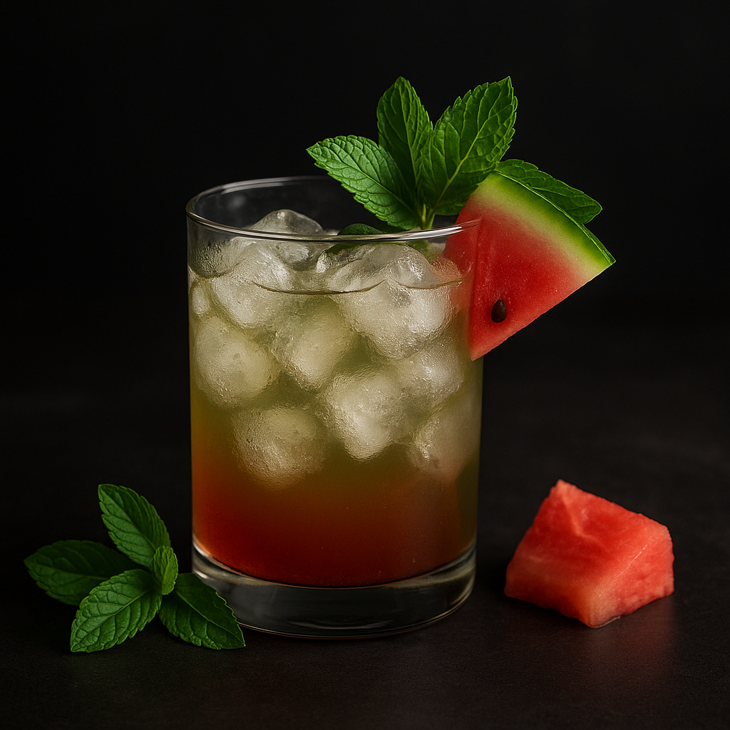 Mango watermelon cooler — iced drink with fresh watermelon and mint garnish, The Tea Tree