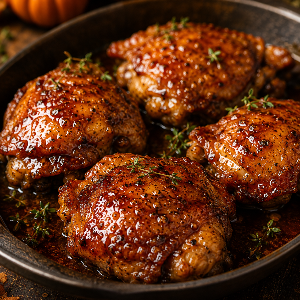 Pumpkin Spice Honey Glazed Chicken thighs with a sweet and savory balsamic glaze.