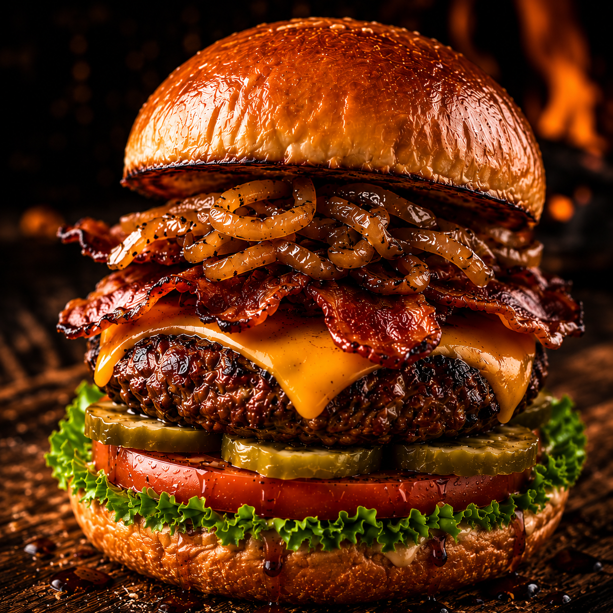 Close-up gourmet BBQ burger stacked with bacon, cheddar cheese, caramelized onions, lettuce, tomato, and pickles on a toasted brioche bun with flames in the background.