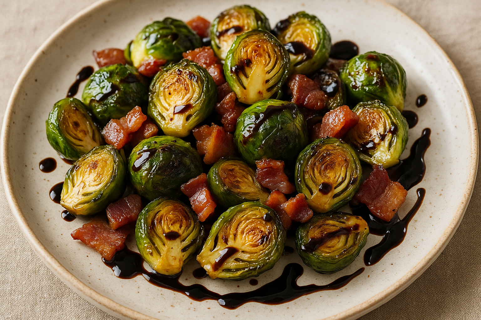 Honey smoked Brussels sprouts — caramelized roasted Brussels sprouts with honey balsamic glaze and bacon, The Tea Tree