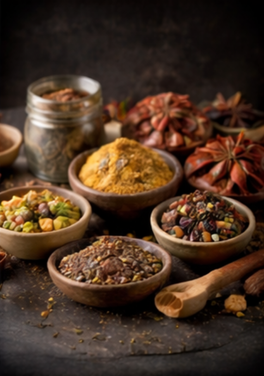 Spice blends collection — assorted spices and herbs in wooden bowls with star anise and ground spices, The Tea Tree