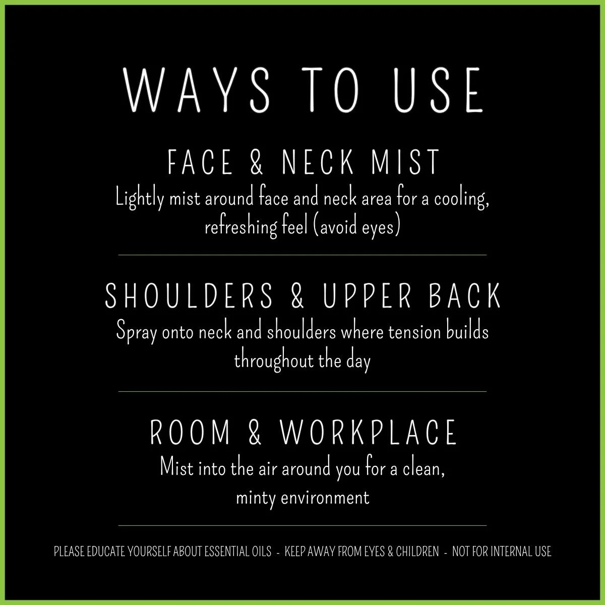 How to use headache essential oil spray on face, neck, and in room for cooling, refreshing effect