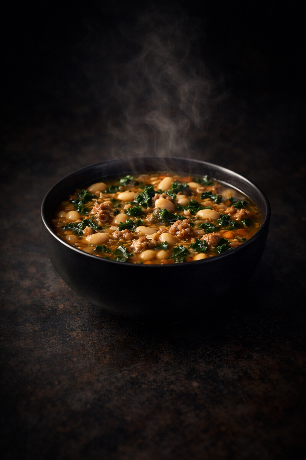 Tuscan white bean and sausage soup — steaming hearty soup with white beans, sausage, and kale, The Tea Tree