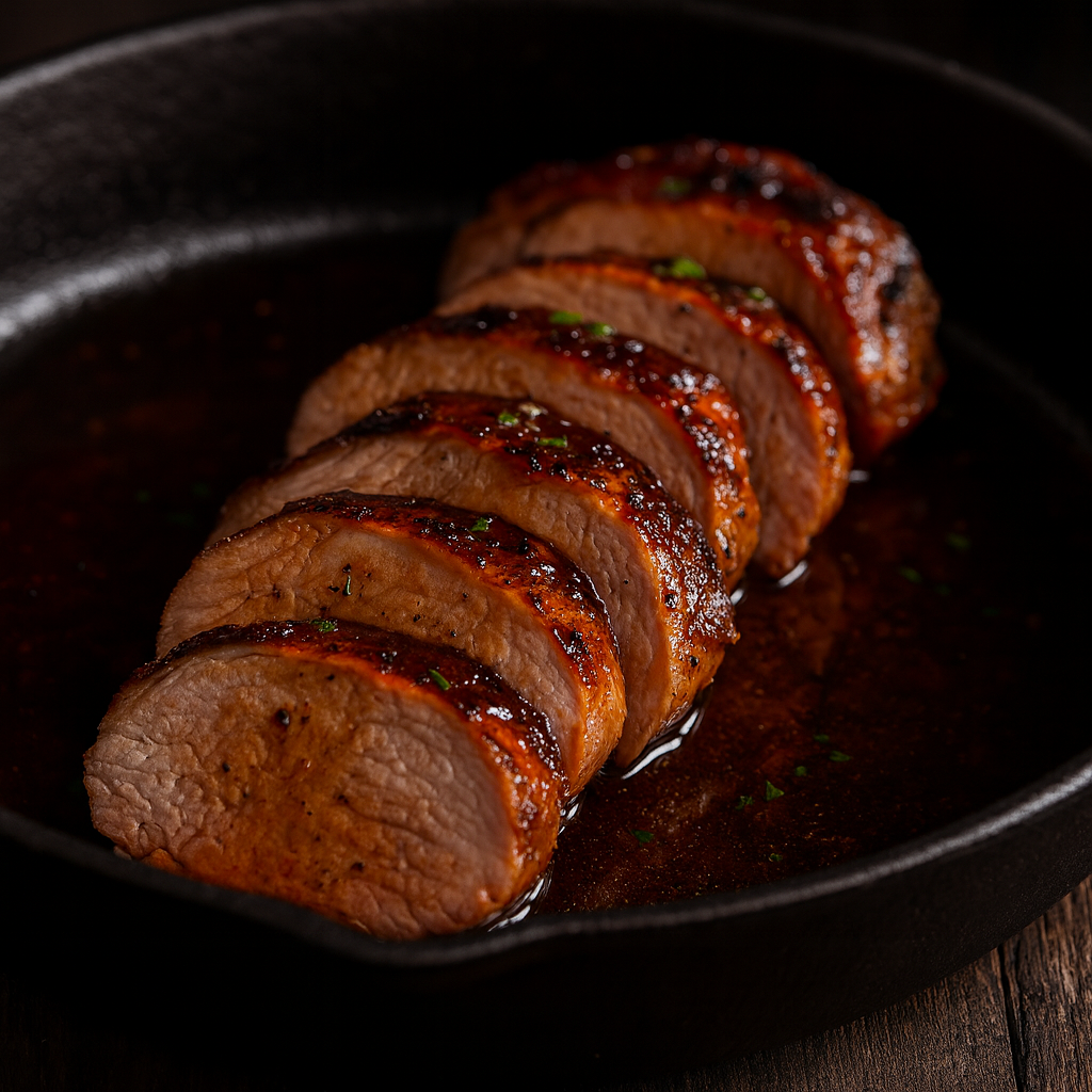 Garlic and peach grilled pork tenderloin — sliced glazed pork tenderloin with balsamic reduction, The Tea Tree