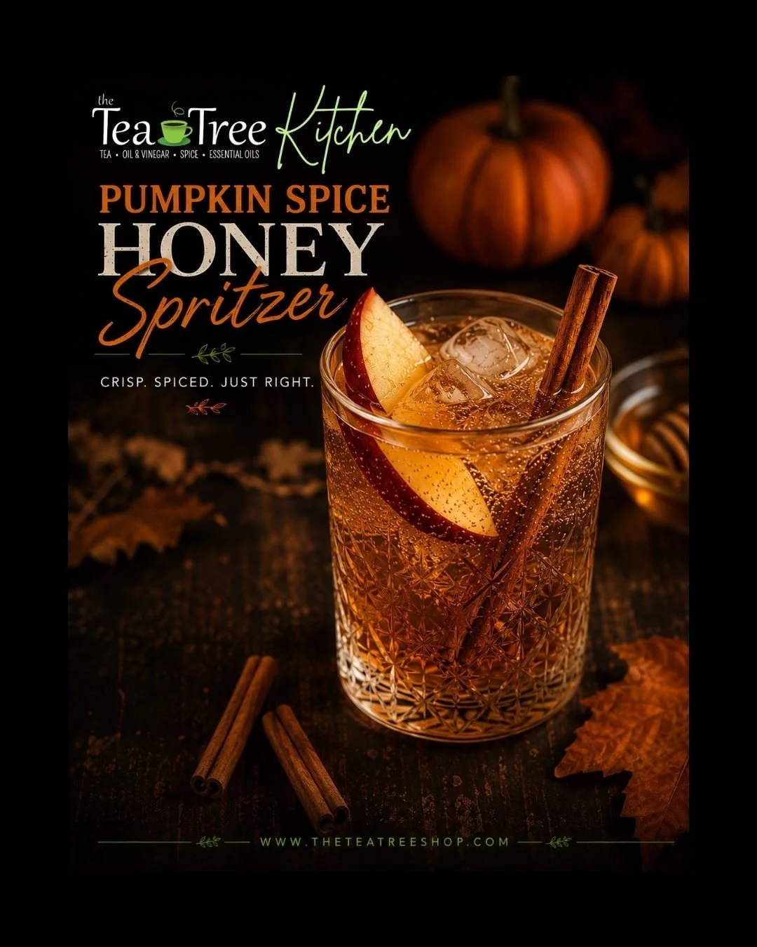 Pumpkin Spice Honey Spritzer with apple cider, honey, pumpkin spice balsamic, and a cinnamon stick.