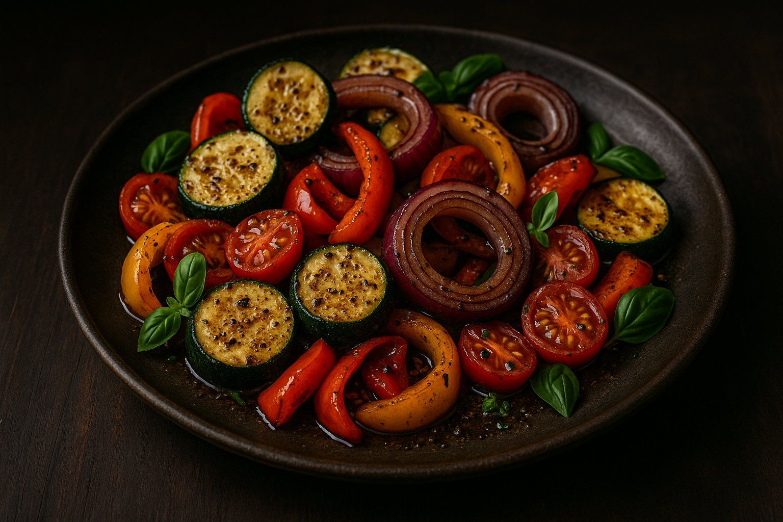 Garlic balsamic roasted vegetables — roasted zucchini, tomatoes, and peppers with herbs and balsamic glaze, The Tea Tree
