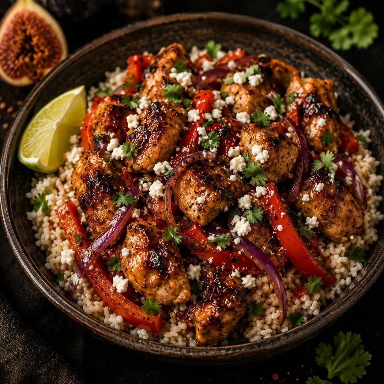 Smoky bacon-fig chicken bowls with rice, peppers, red onion, feta and cilantro.
