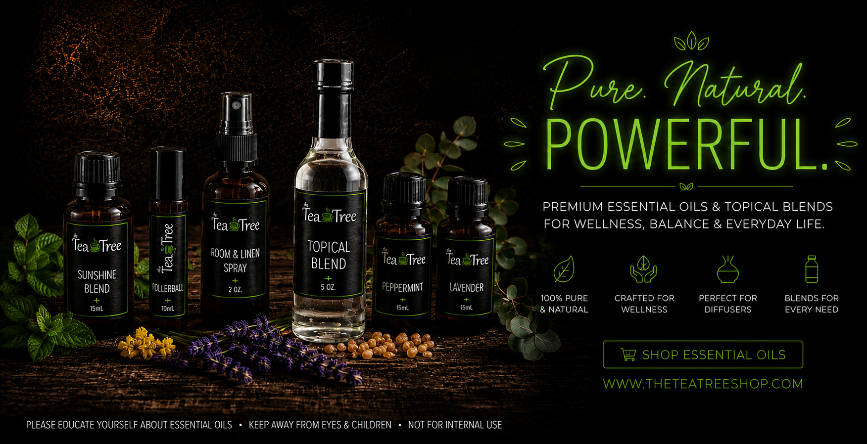Dark moody banner featuring The Tea Tree essential oils collection including Sunshine Blend, rollerball, room and linen spray, and topical blend bottles with botanical accents and neon green wellness typography.