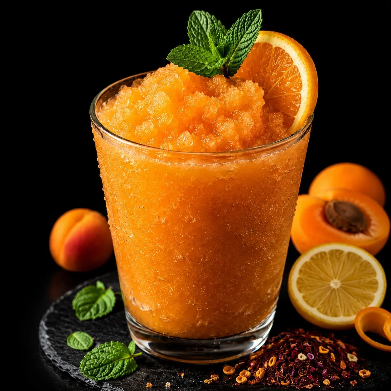 Apricot Sorbet tea slushie with fresh citrus and mint.