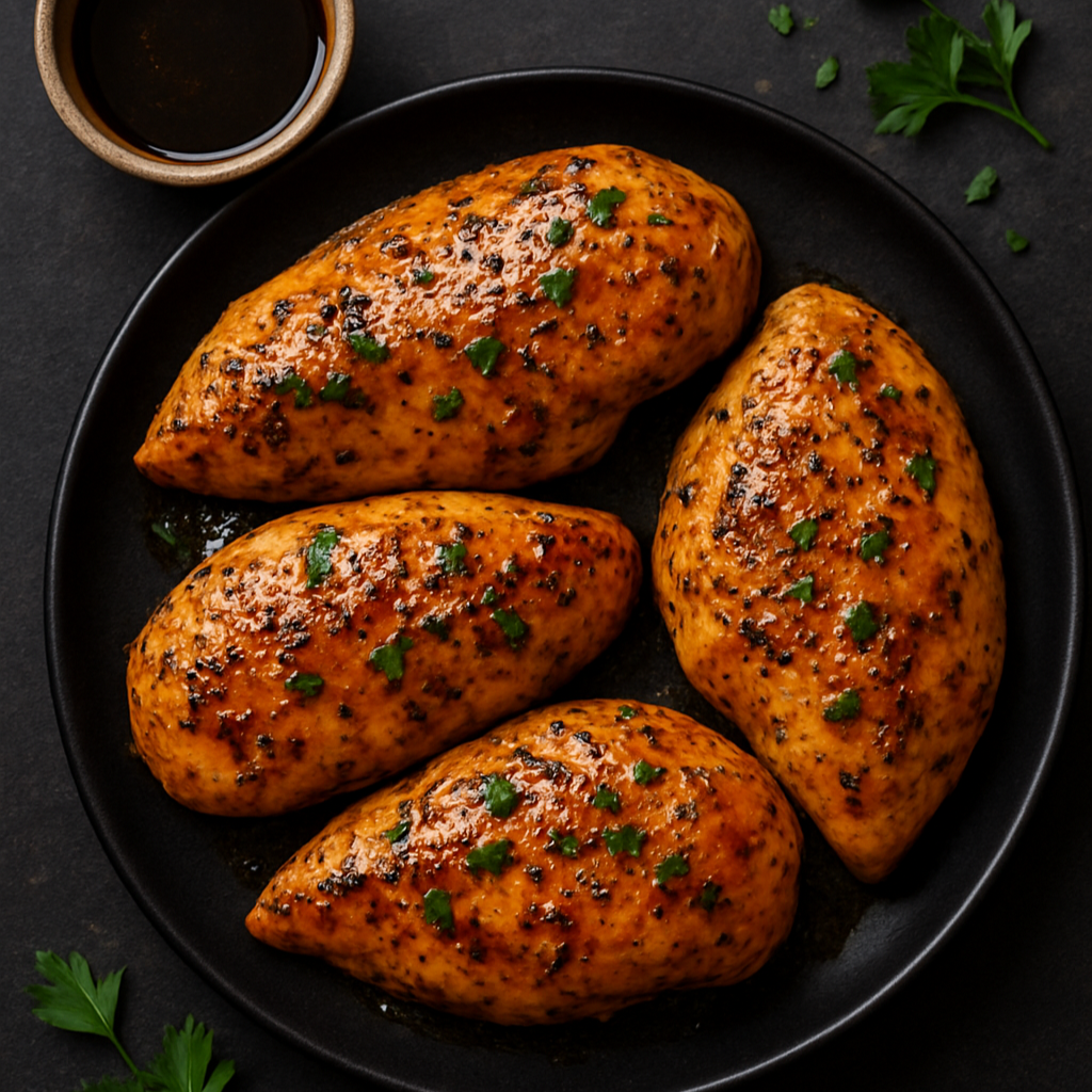 Garlic balsamic roasted chicken — golden roasted chicken breasts with herbs in a cast iron skillet, The Tea Tree