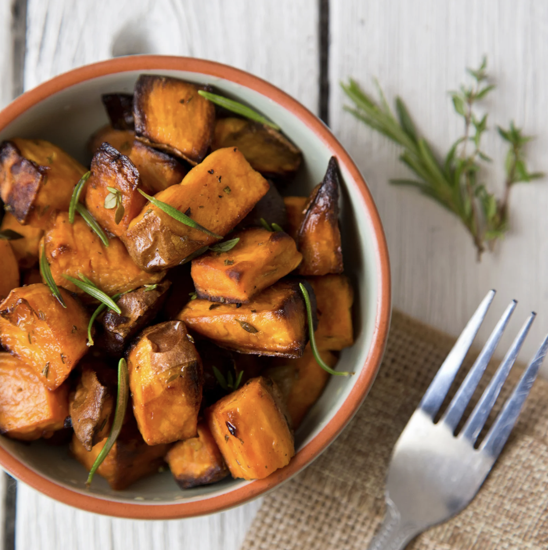Pumpkin spice sweet potatoes — roasted sweet potato cubes with herbs and rosemary, The Tea Tree