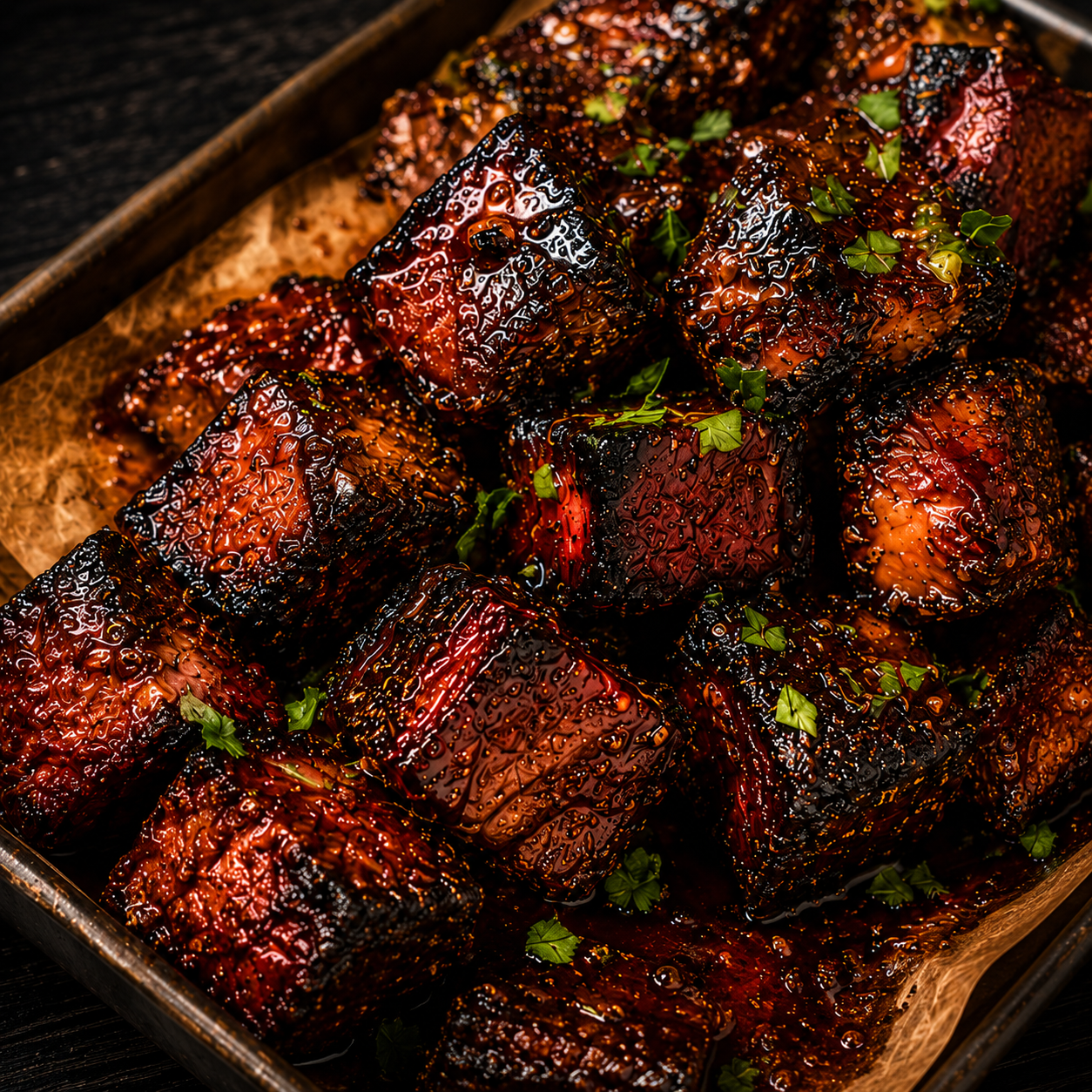Close-up tray of sticky smoked burnt ends coated in a rich bourbon barbecue glaze and garnished with fresh herbs on a rustic serving tray.