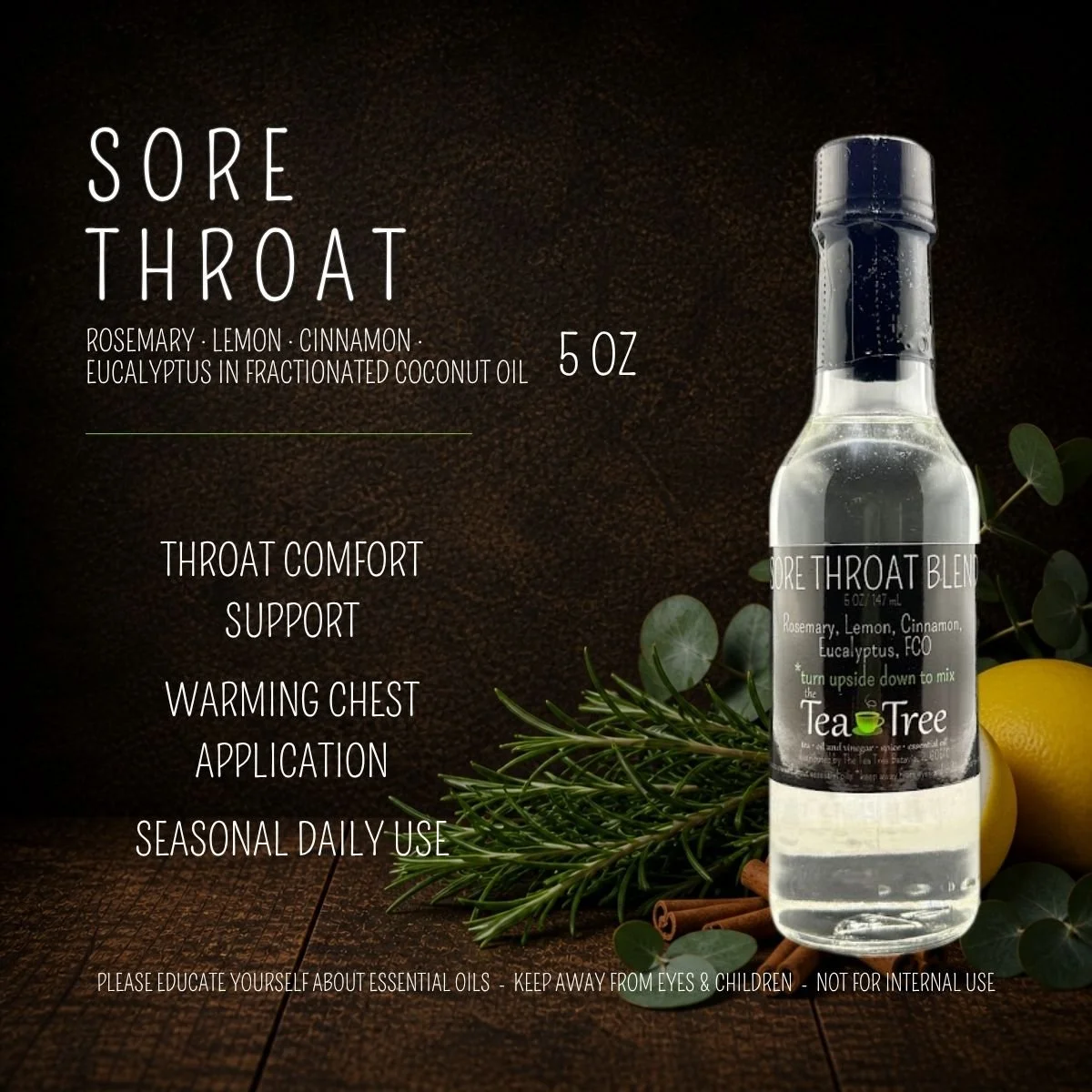 Sore throat essential oil blend with rosemary, lemon, cinnamon, and eucalyptus for warming chest and neck application