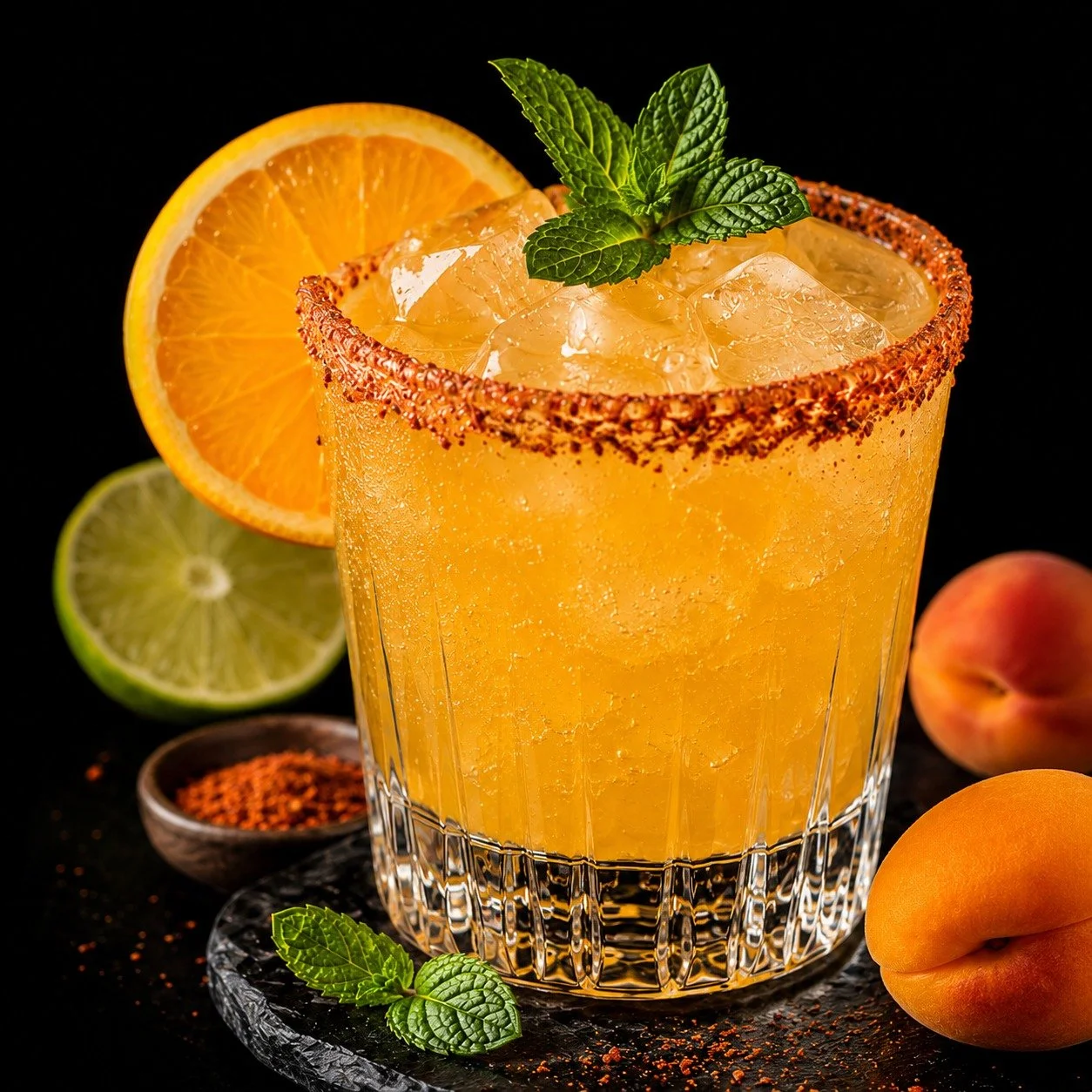 Apricot Sorbet tea margarita with citrus, mint, and a spiced rim.