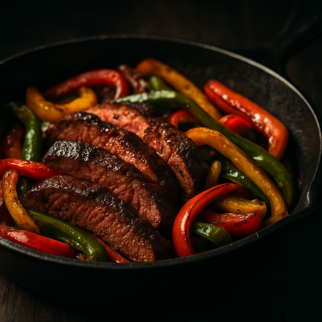 Ancho rubbed steak fajitas — sliced spiced steak with sautéed peppers and onions in a cast iron skillet, The Tea Tree