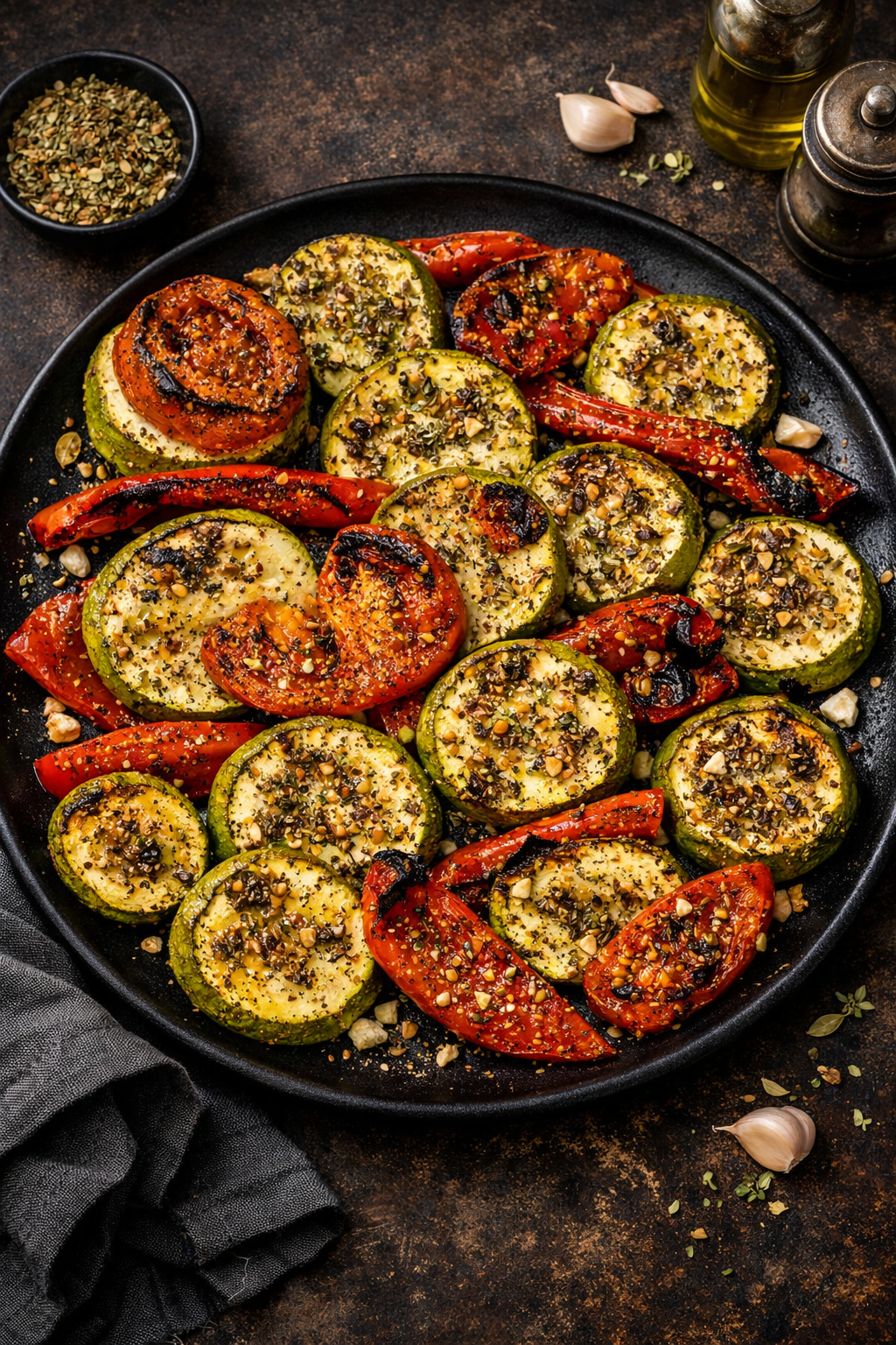 Pesto and peach roasted vegetables — roasted zucchini, tomatoes, and peppers with herb seasoning, The Tea Tree