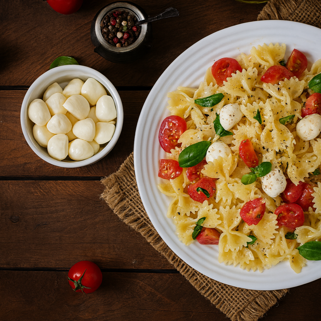 Tomato basil pasta salad — farfalle pasta with cherry tomatoes, fresh mozzarella, and basil, The Tea Tree