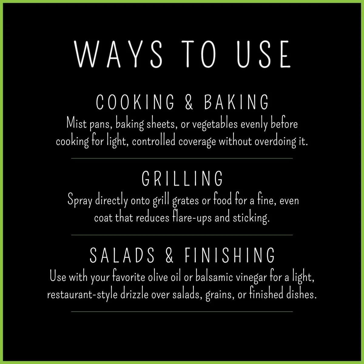 Ways to use the stainless steel olive oil sprayer — cooking, baking, grilling, and salad finishing applications