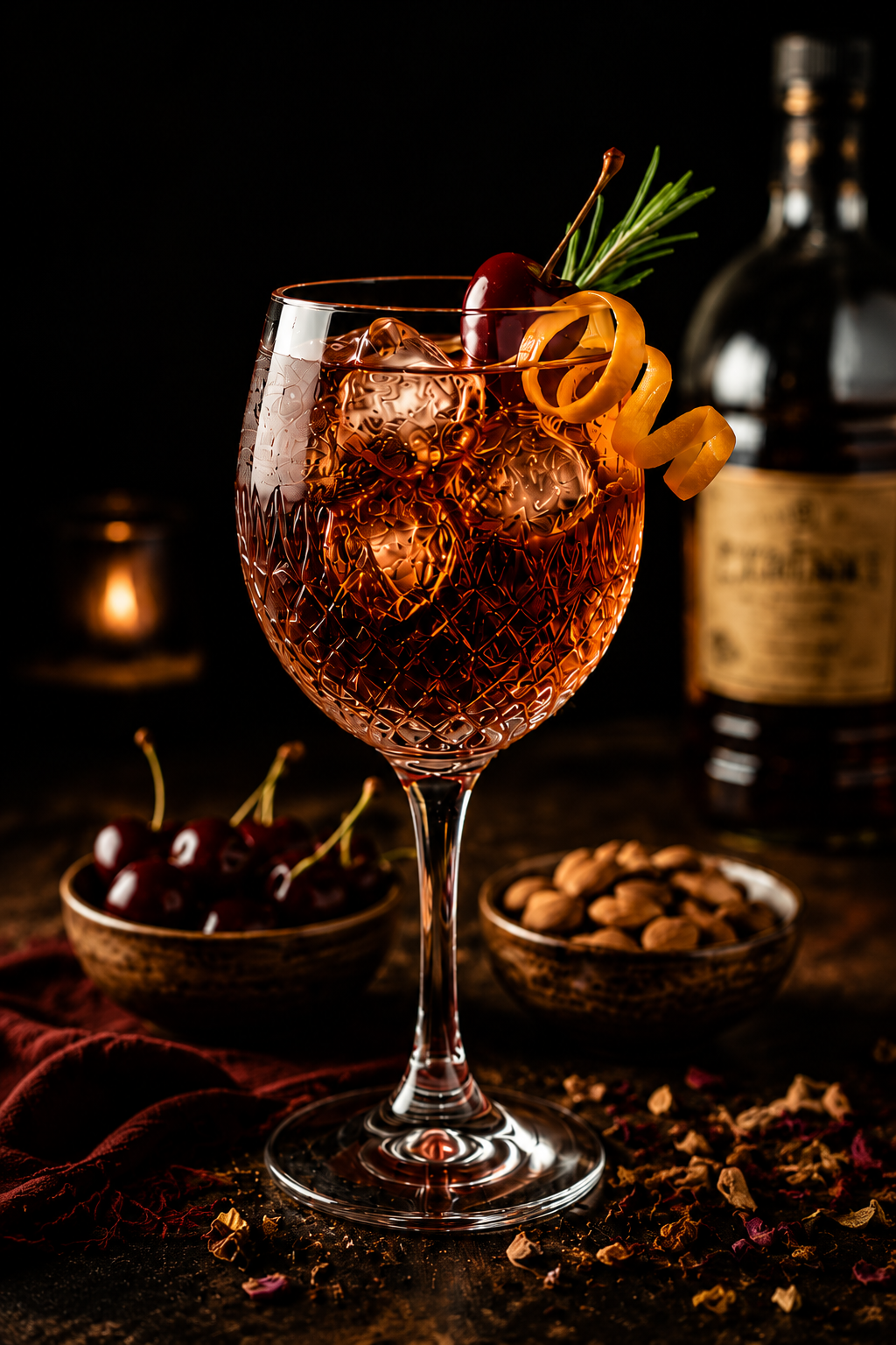 Almond cherry nightcap spritz cocktail served over ice with cherry garnish, orange twist, and rosemary in a crystal stem glass on a dark moody background.