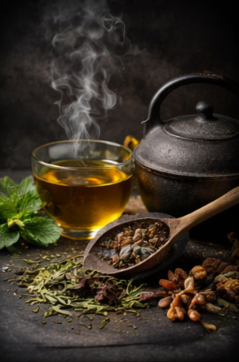 Loose leaf tea collection — steaming tea pot, glass cup, and wooden scoop with loose leaf tea blends, The Tea Tree