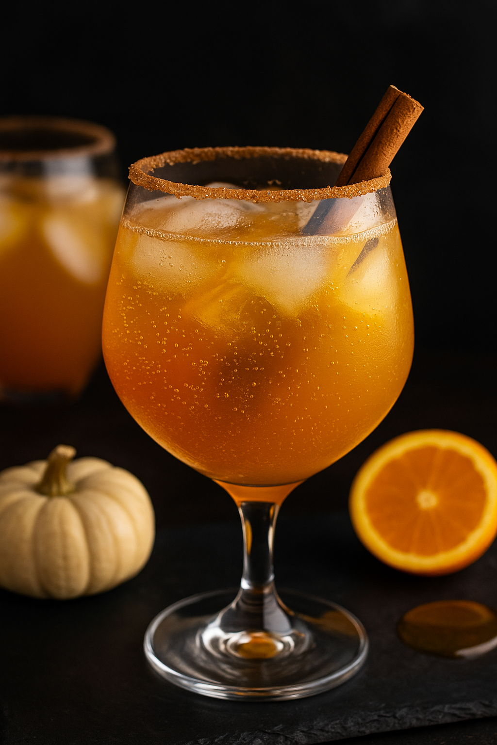 Pumpkin spice honey spritz — amber sparkling drink in a wine glass with orange garnish, The Tea Tree