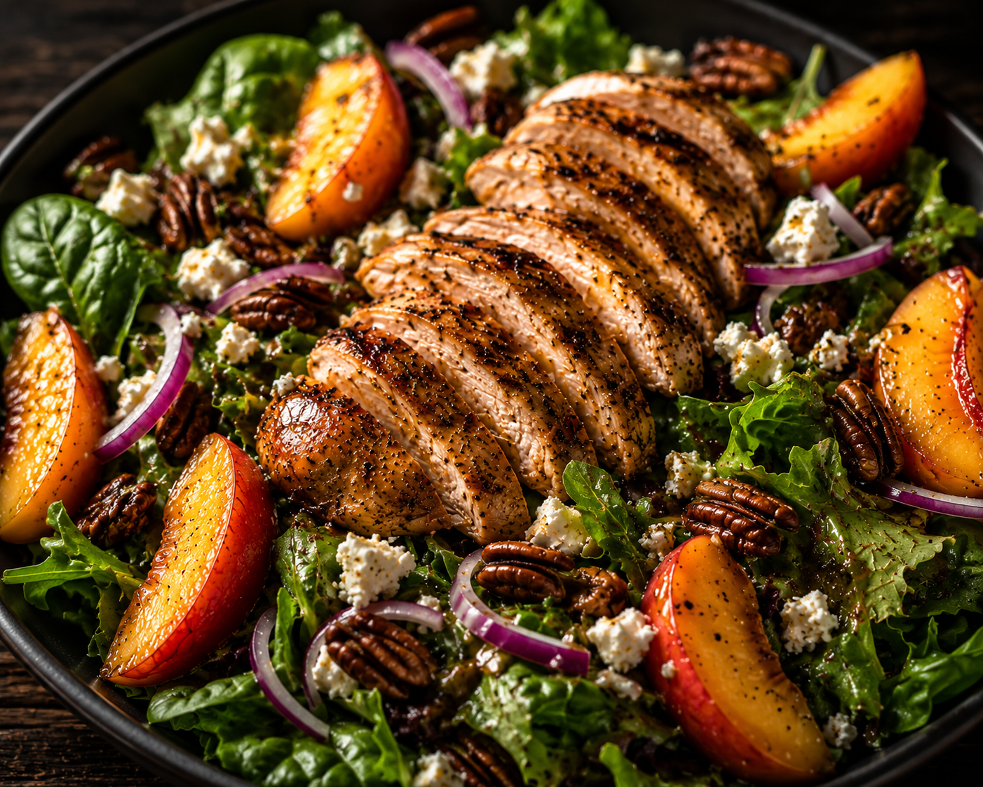 Close-up of Peach & Grilled Chicken Summer Salad with grilled chicken, fresh peaches, feta cheese, pecans, red onion, and mixed greens tossed in a peach balsamic vinaigrette.