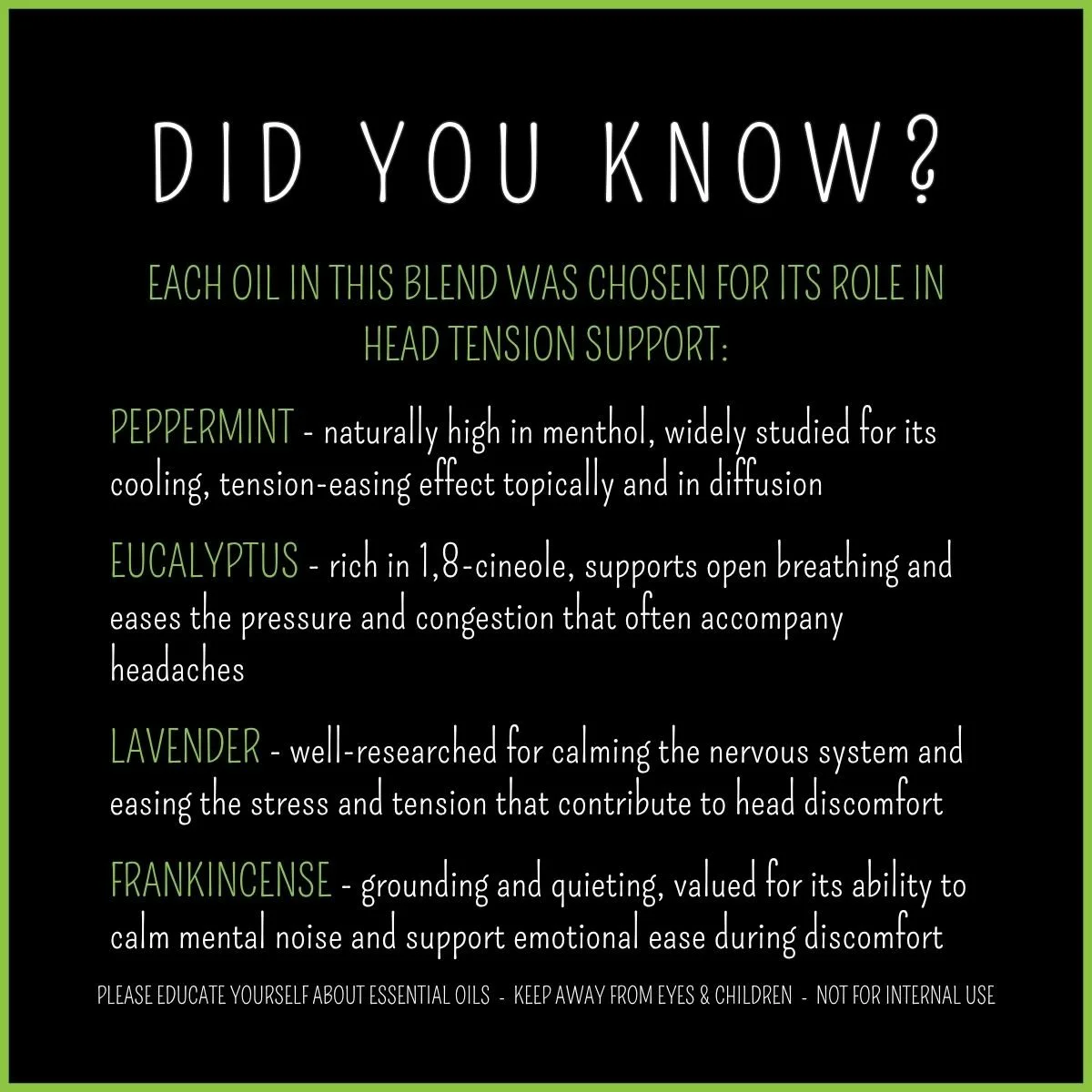 Headache essential oil blend supports head tension with cooling peppermint and grounding frankincense
