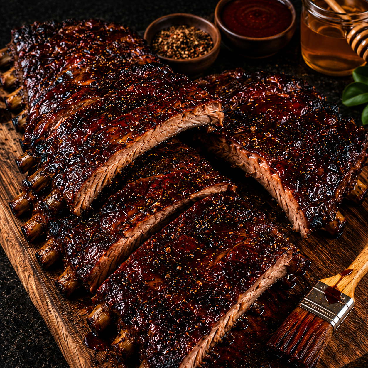 Close-up glazed smoked pork ribs on a rustic wooden board with BBQ sauce, seasoning, and honey in a dark moody grilling scene.