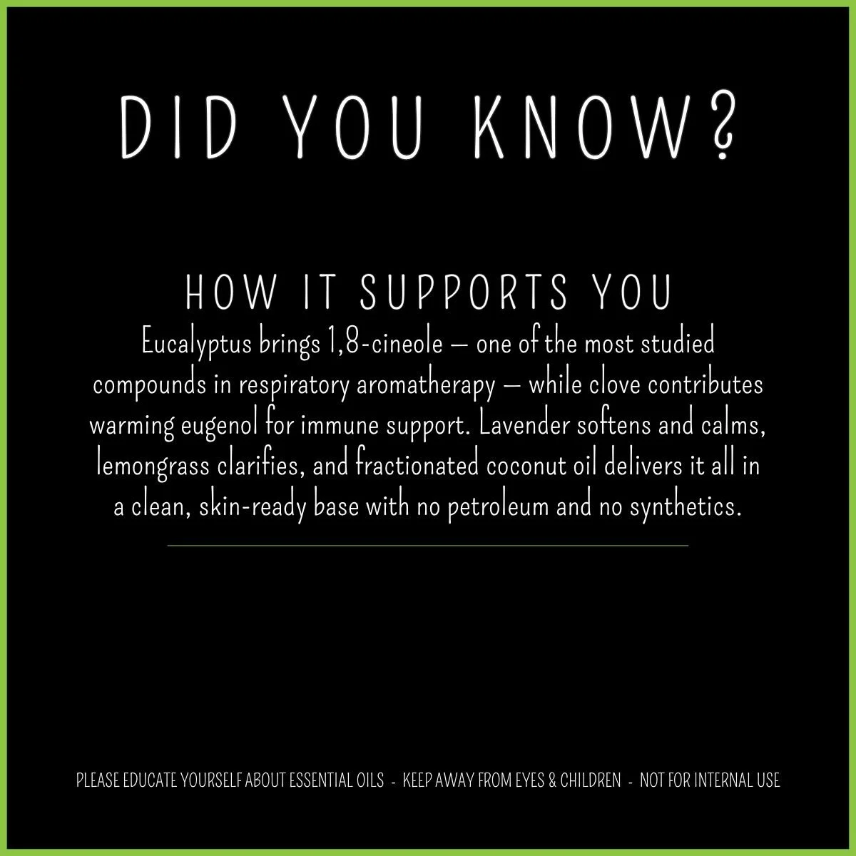 Did You Know card for Breathe Easy blend explaining eucalyptus cineole and immune-supportive ingredients