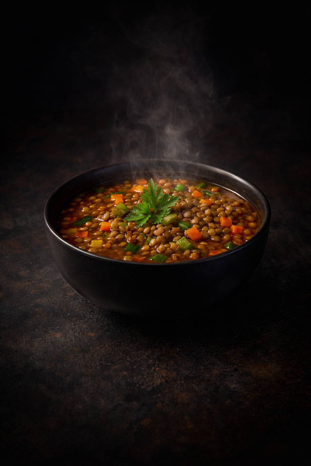 Smoky vegetable lentil soup — steaming lentil soup with carrots and fresh herbs, The Tea Tree