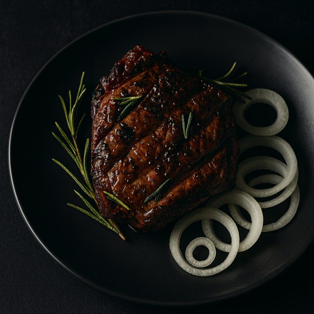 Rosemary kissed balsamic steak — grilled steak with rosemary and onion rings on a dark plate, The Tea Tree