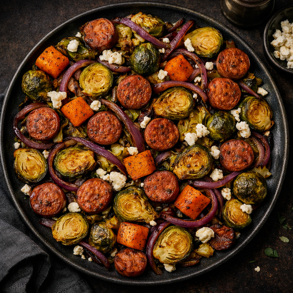 Hot Dang Dust harvest sheet pan dinner — roasted Brussels sprouts, sweet potato, sausage, and red onion, The Tea Tree