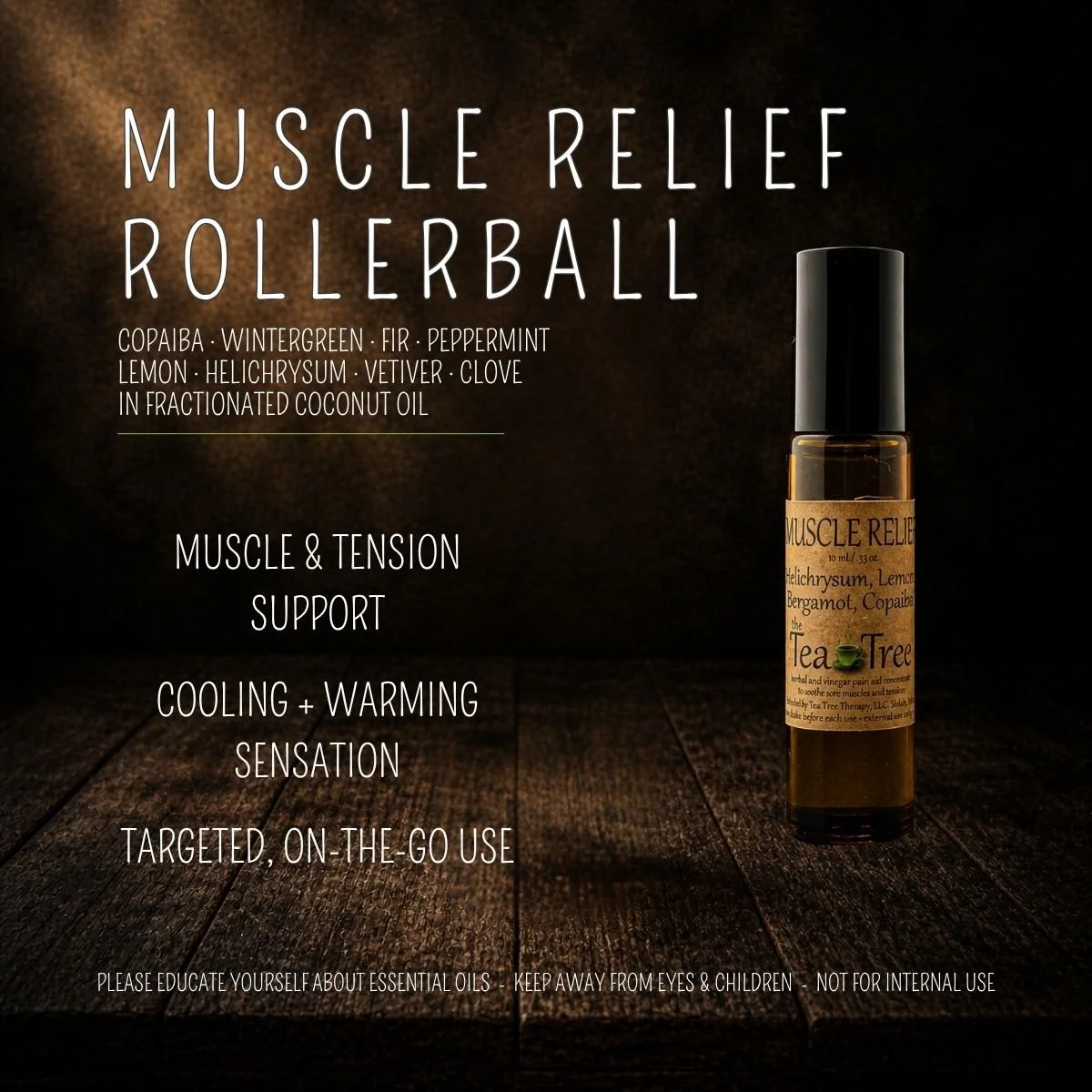 Muscle relief essential oil rollerball with peppermint, wintergreen, copaiba, and fir for targeted body application
