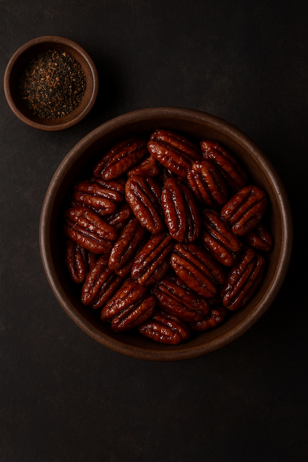 Smoky blackberry ginger glazed pecans — candied spiced pecans in a dark bowl, The Tea Tree