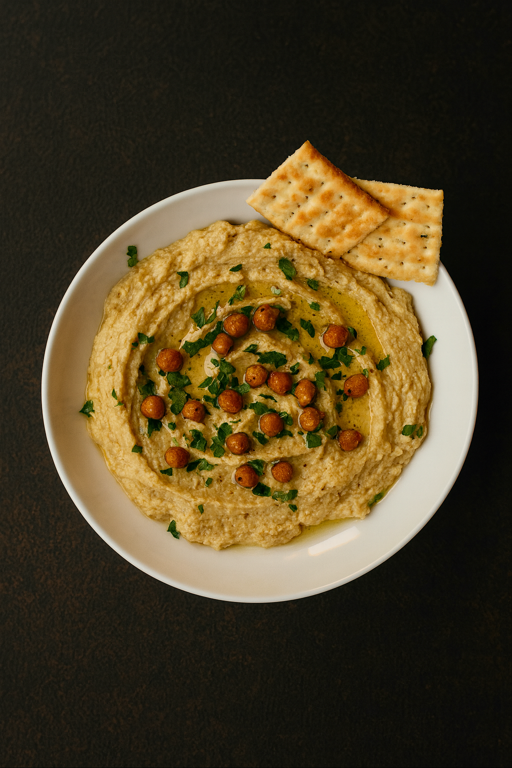 Zesty Zapp hummus — smooth hummus with roasted chickpeas, herbs, and olive oil drizzle served with crackers, The Tea Tree