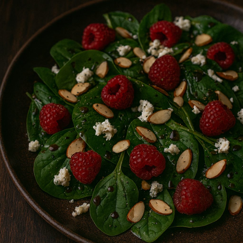 Bacon and raspberry spinach salad — fresh spinach with raspberries, goat cheese, and pine nuts, The Tea Tree
