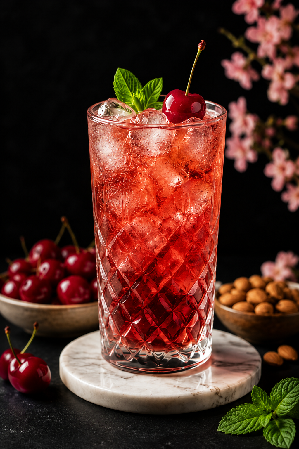 Sparkling almond cherry mocktail served over ice with fresh cherries and mint in a crystal glass on a dark moody background.