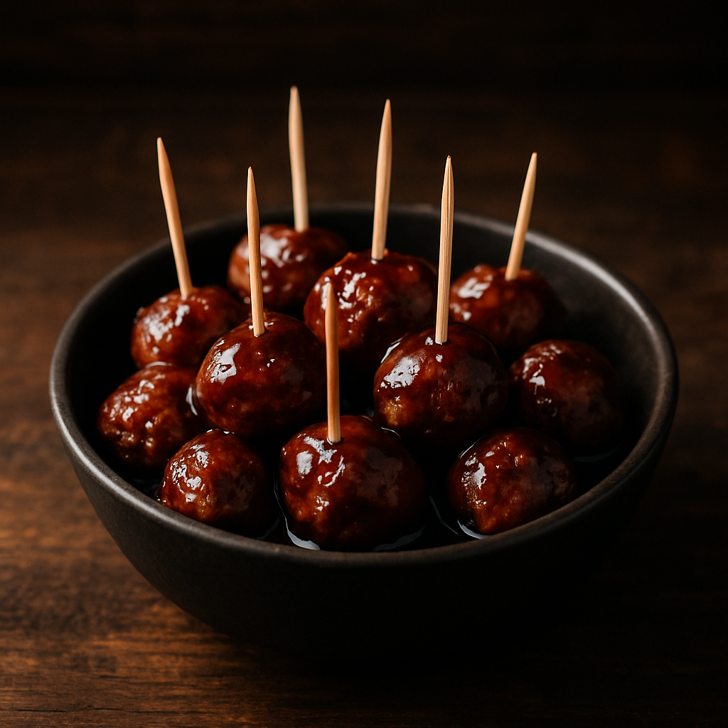 Bourbon kissed meatballs — glazed meatball skewers in a dark bowl, The Tea Tree
