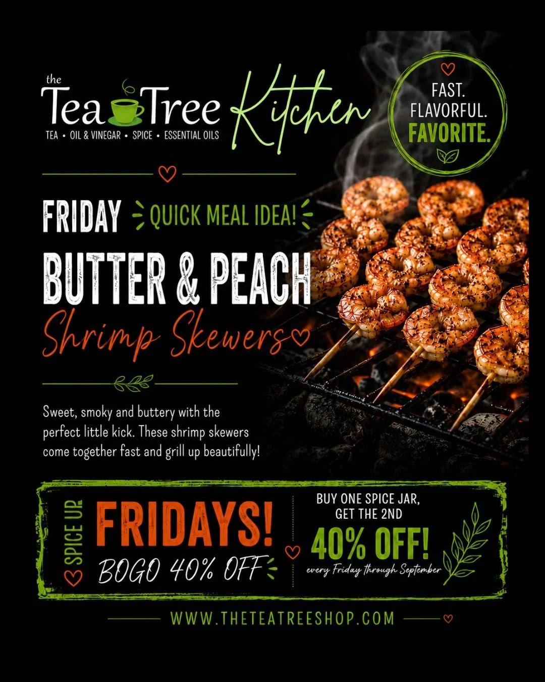 Butter & Peach Shrimp Skewers made with Butter Olive Oil and Peach Balsamic, featured as a Tea Tree Kitchen Friday Quick Meal Idea with grilled shrimp skewers and Flavor Fridays spice promotion.