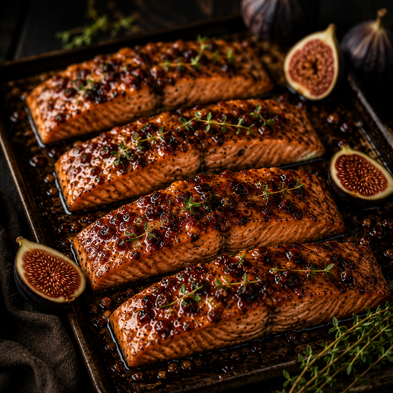 Close-up of smoky fig bacon glazed salmon fillets with fresh thyme and figs on a rustic baking sheet.