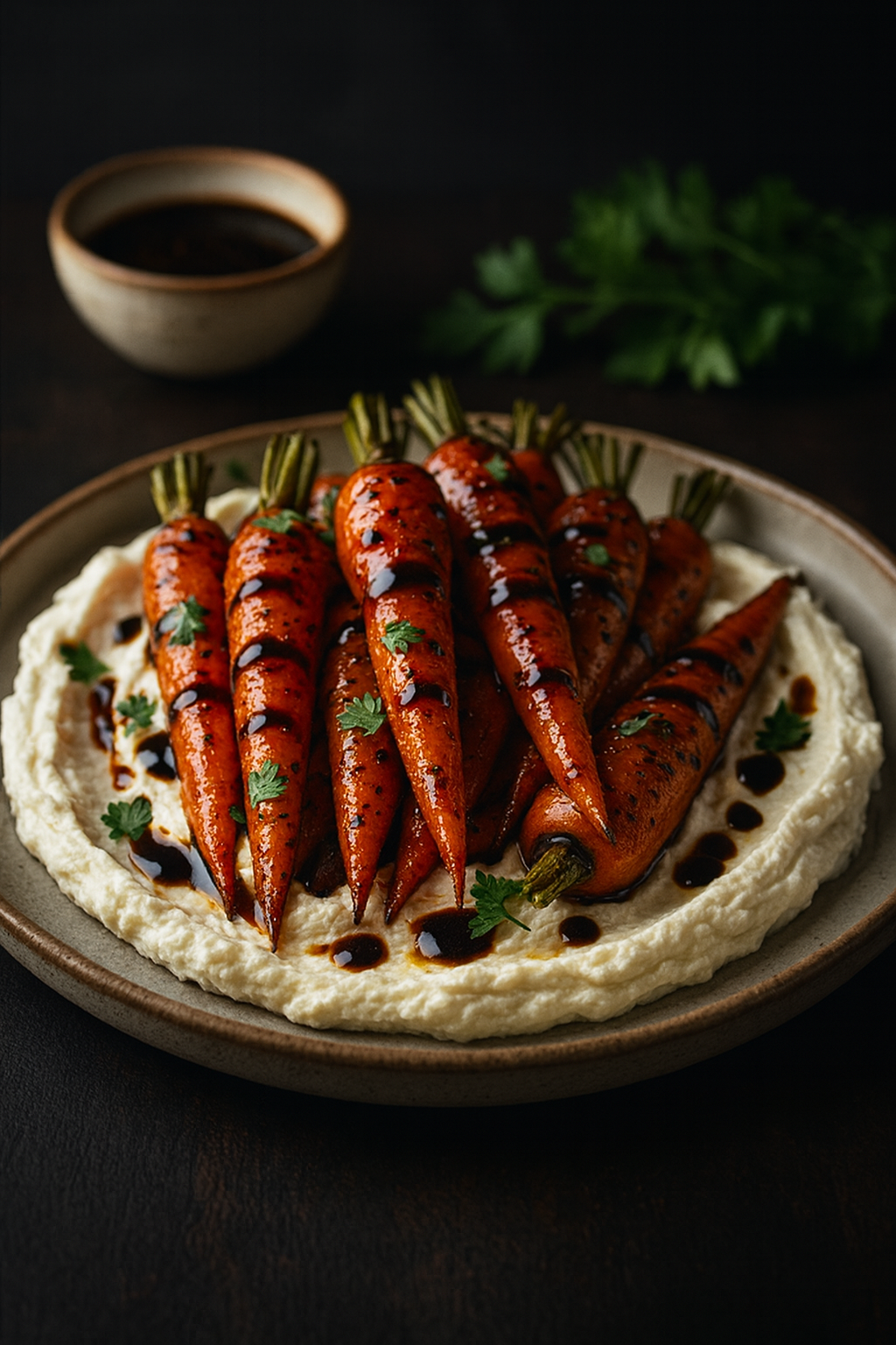 Balsamic carrots atop whipped ricotta — roasted carrots with balsamic glaze on creamy whipped ricotta, The Tea Tree