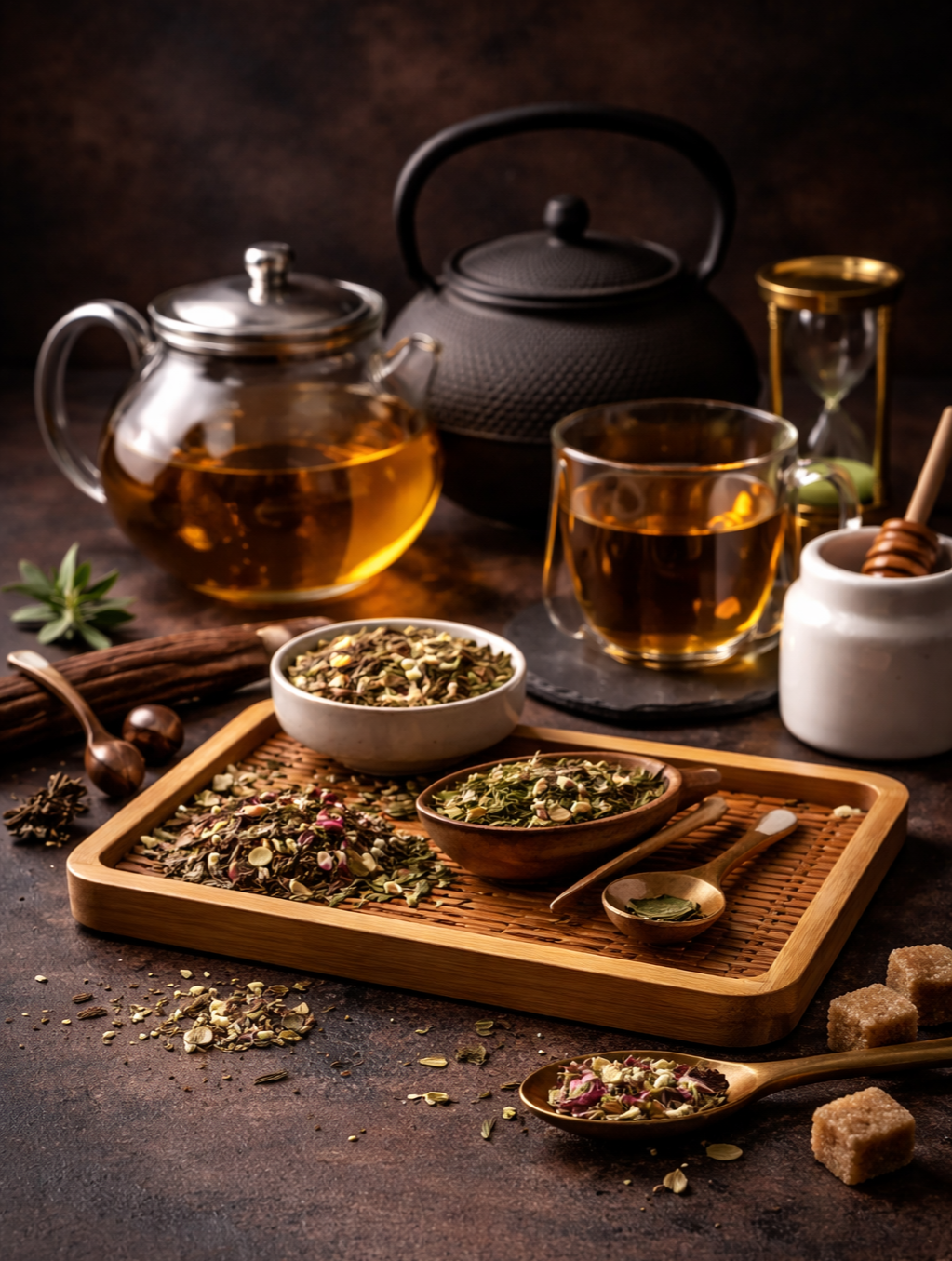 Tea accessories collection — cast iron tea pot, glass teapot, and loose leaf tea with wooden infuser tray, The Tea Tree